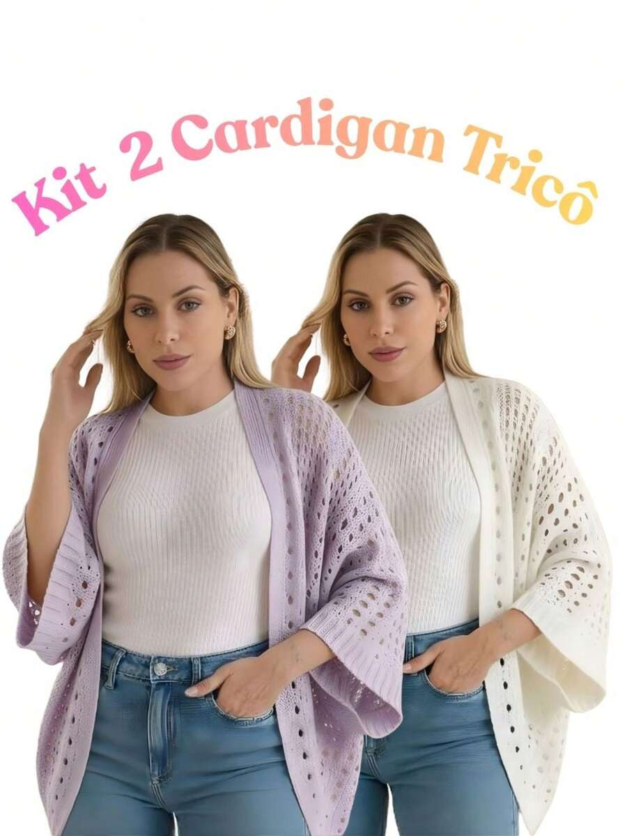Set Of 2 Women's Cardigan Blouses, Knitted Cape, Openwork Knit, Autumn - 淡紫色/白色 - 查看 1