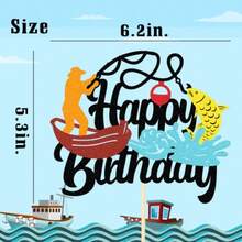 DGone Fishing Cake Topper Happy Birthday Sign Fish Cake Decorations For Man Boy Fisherman Fishing Themed Birthday Party Plies Black Fish Glitter Decor - As Pic - View 2