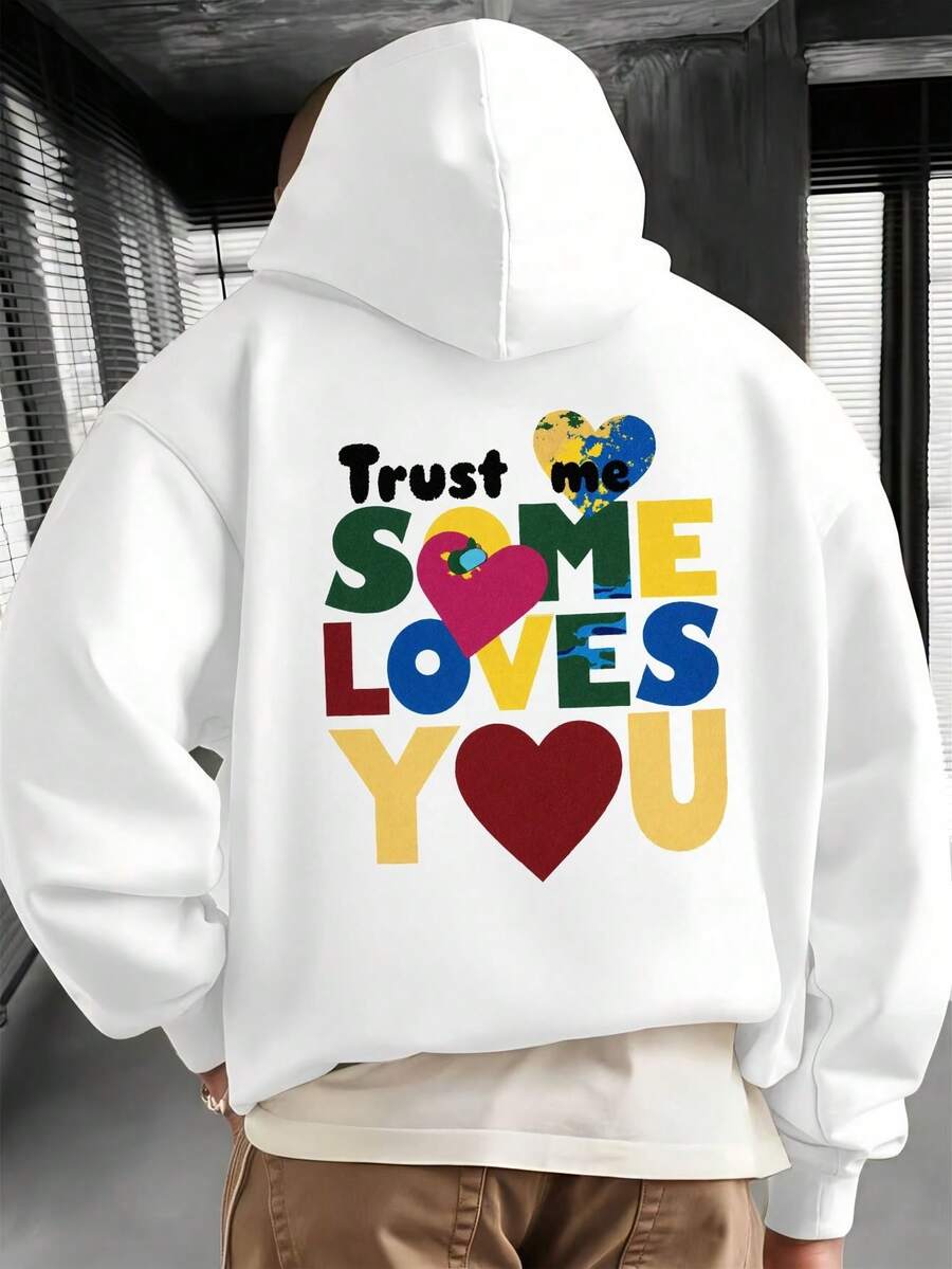 Felpa con cappuccio da uomo oversize a grafica bianco e nero - Tasca a canguro per outfit da festa all'aperto in autunno e inverno - Bianco - Visualizzare 1