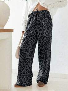 Pantalon long décontracté pour femmes avec taille à cordon et imprimé léopard - Multicolore - Voir 1