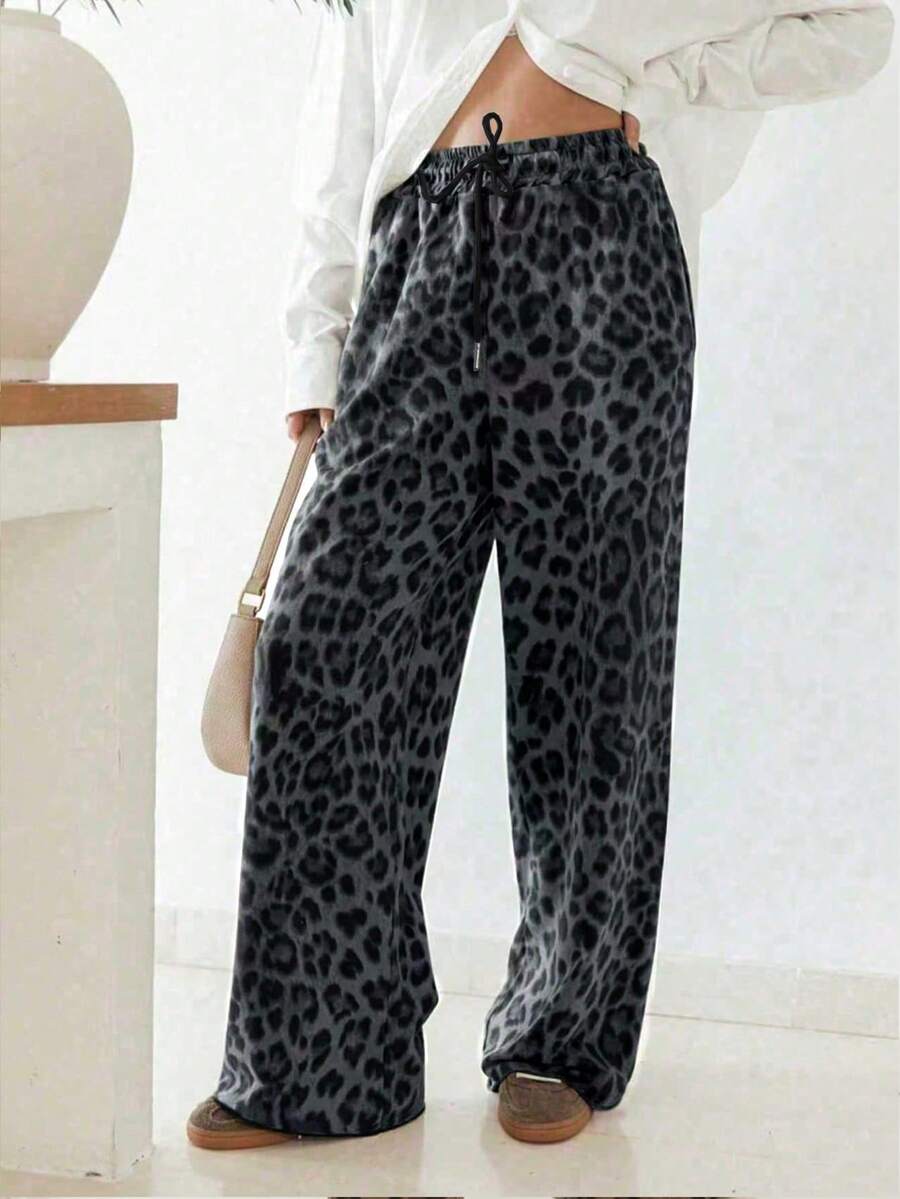 Pantalon long décontracté pour femmes avec taille à cordon et imprimé léopard - Multicolore - Voir 1
