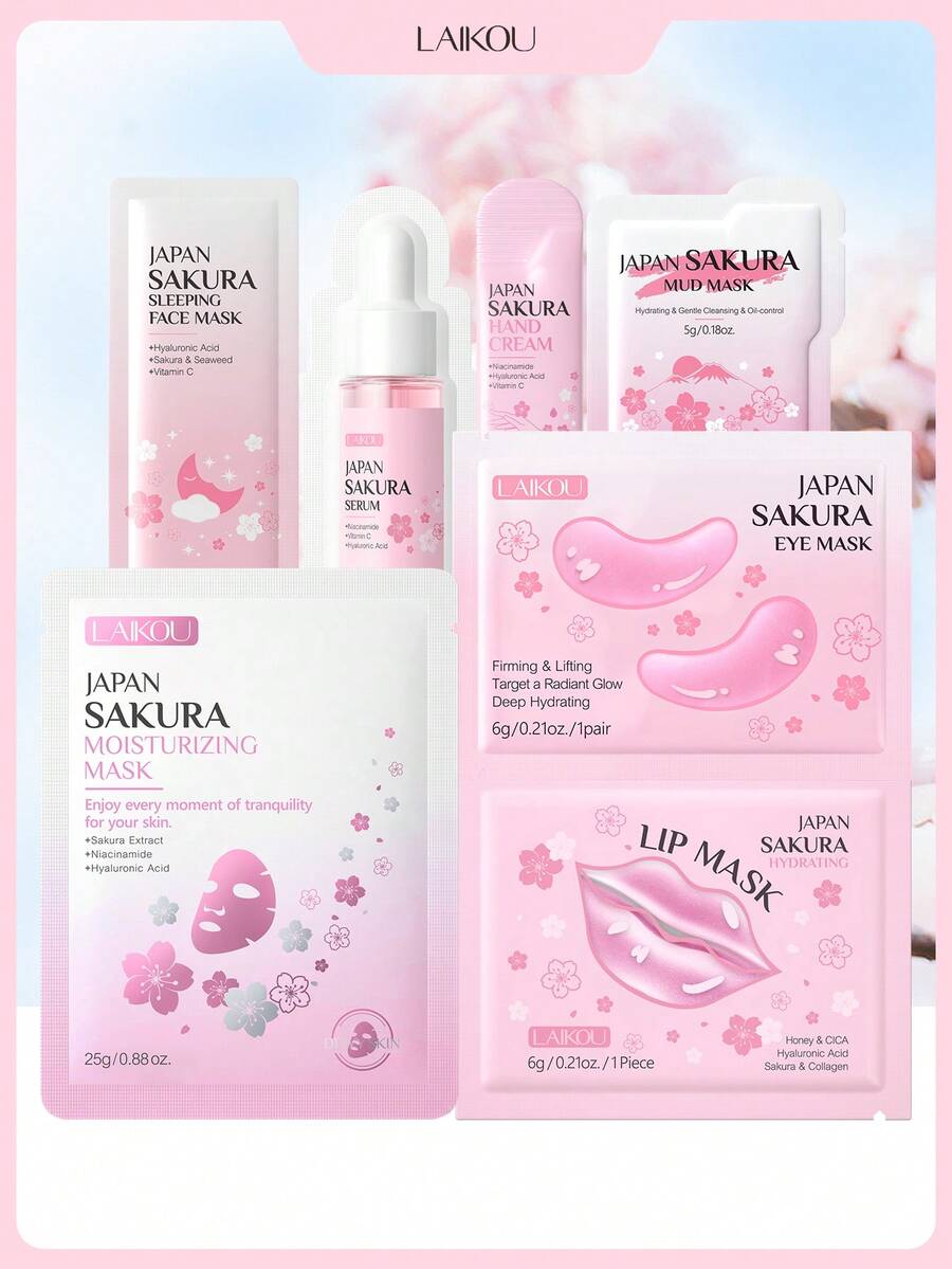7 件滋养 LAIKOU 日本樱花护肤套装，亮白旅行睡眠面膜护手霜保湿精华泥膜抗皱精华淡化唇纹唇膜淡化黑眼圈眼膜自我护理化妆护肤水疗礼物，适合女性、妈妈、妻子、姐妹、青少年、女朋友 - 粉色 - 查看 1