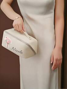 Flower Pattern Name Customized Cosmetic Bag, Zipper Design Large Opening Cosmetic Bag, Reusable Cosmetic Bag, Cosmetic Bag Skin Care Kit Cosmetic Bag Packaging Box, Travel Necessities Cruise Necessities Dormitory Necessities, Wedding Bridesmaid Gifts - Multicolor - View 6
