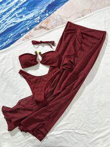 Set de 3 piese de costum de baie roșu texturat, sexy și la modă - sutien fără bretele + pantaloni scurți de baie + fustă cu volane și crăpături înalte | Costume de baie esențiale pentru petreceri la piscină și vacanțe la plajă, vara - roșu - Vizualizare 5