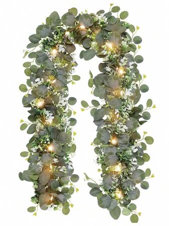 2/4pcs Silver Dollar Eucalyptus Leaf Garland With LED Lights, Artificial Eucalyptus Leaf Table Runner, Suitable For Christmas Decoration, Home Decor, Room Decor, Gender Reveal, Classroom, Bedroom, Wedding, Bridal Shower, Party, Baby Shower, Patio