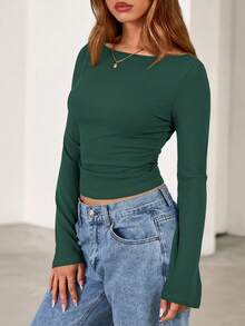 Fall New Arrival Women's Long-Sleeve Top Crop-Top Style Casual Outerwear Boat Neck With Bell Sleeves Ribbed Pleated Design Millennial-Inspired Fashion - 墨綠色 - 查看 4
