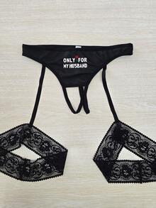 女士性感字母玫瑰印花无裆丁字裤，带腿部吊袜带，舒适时尚 - 黑色 - 查看 3