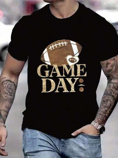 Camiseta de algodón negra para hombres con estampado de fútbol americano "GAME DAY" - Cuello redondo casual, manga corta, ligera y transpirable, perfecta para deportes de verano y eventos de fans Camisetas gráficas baratas para hombres menores de 20 años Camiseta con cita sarcástica para hombres Camiseta táctica militar para hombres Camiseta estética minimalista para hombres Camiseta divertida de gimnasio para hombres Sudadera de algodón pesado 100%