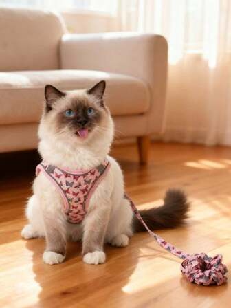  1pc LANGXINGCS Premium Versatile Pet Leash Set, Includes Dog Harness With Reflective Strips, Cat Harness With Double D-Rings Anti-Escape Design, Soft & Comfortable Printed Pet Leash, Wrist Strap Dual-Use Leash Frees Hands, Elastic Leash With Storage, Suitable For Small To Medium Pets Outdoor Use