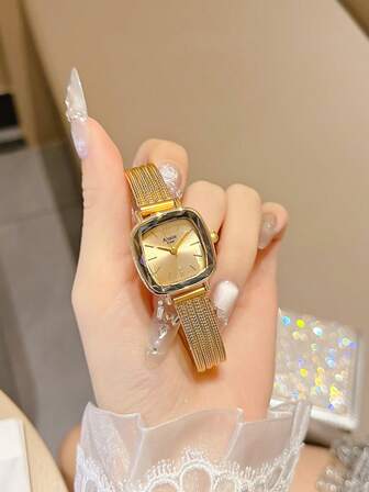 1件女士优雅不锈钢表带方形表盘经典奢华金色手链石英腕表，日常及工作腕表，节日完美礼物。