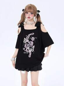 [Jundakara] Camisetas para Mujeres Sin Hombros Estampado de Mariposa Lindo Soñador Estilo Harajuku Estilo Coreano Estilo Preppy Estilo Landmine Estilo Sick Estilo Subcultura Estilo Genial Estudiante Sexy Moda Hogar Lindo Hombro Abierto Primavera Verano Otoño - Negro - Ver 5