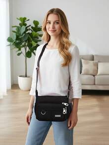 Functional Oxford Shoulder Bag For Women Solid Color Crossbody Bag With Multi-Pocket And Adjustable Strap  Medium Bags For Shopping And Christmas Presents - 黑色 - 查看 4