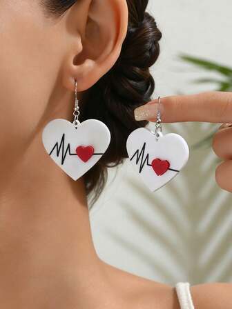 1 Pair Fashionable Classic Heart Heartbeat Earrings, Suitable For Women Valentine's Day Party, Dating, Gift For Girlfriend, Jewelry Earrings