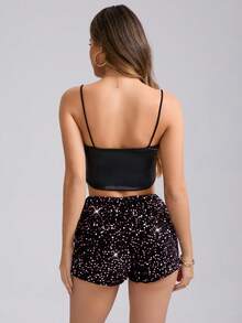 女士复古超短亮片热裤，时尚Y2K闪亮短裤 - 淡紫色 - 查看 6