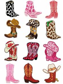 1 Set Of 3/6pcs Pink West Cowboy Shoes Embroidered Patches High Heels And Boots DIY Clothing Iron On Patches Sew Suitable For Backpacks, Jeans, Jackets, Hats, Decorative Accessory Cloth Stickers - Multicolor - View 11