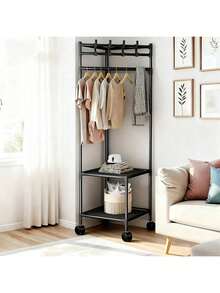 Metal Floor Coat Rack With Wheels, Featuring 2 Storage Shelves And 4 Hooks, Durable Clothing Rack, Suitable For Bedroom Corners, Hallways, Living Rooms, And Hotels - 黑色 - 查看 6