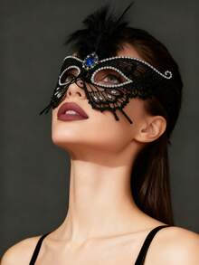 Máscara de encaje con rhinestones de lujo, máscara negra hueca con plumas artificiales, accesorio de nivel de reina para fiesta de mascarada veneciana, máscara de ojos romántica para pareja disfraz del Día de San Valentín - Negro - Ver 10