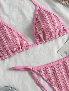 性感甜美风粉白竖条纹纹理比基尼两件套 - 可调节三角上衣 + 低腰泳裤 | 运动沙滩度假泳装 - 粉色 - 查看 6