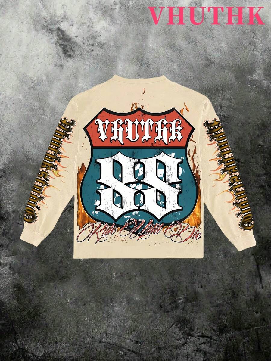 VHUTHK (250g Pure Polyester Round Neck Pullover Sweater) Y2K Young & Eagle AndRiding To The Fullest, Dying With Glory "Skeleton Motorcycle Rider Digital Double-Sided Print , Filament Effect Y2K Men's Round Neck Sweater In Autumn And Winter. - 杏色 - 查看 1