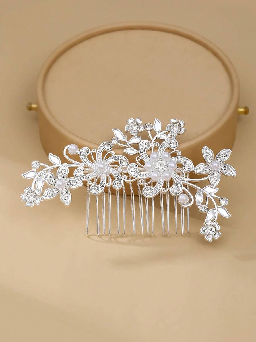 1 pieza Peine de cabello para boda hecho a mano con cristales, diseño vintage de flor, hoja y mariposa, accesorio de cabello nupcial para el Día de San Valentín - Plateado - Ver 1
