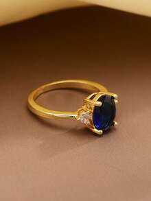 1 chiếc nhẫn đồng đính đá Zirconia hình oval sang trọng, thiết kế hình học tinh tế - Thích hợp cho phụ nữ và bé gái - Vàng + Xanh - Xem 3