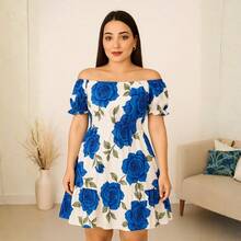 Short Dress Made From Duna Fabric With Short Sleeves. - Beige With Blue Roses - View 3