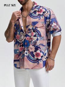 1pc Men's Printed Lapel Single-Breasted Long Sleeve Casual Shirt, Fashionable Plus Size Vacation Shirt, Elegant Party Attire - Multicolor - View 1