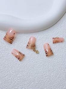 10片装Y2K风鸭嘴美甲贴片套装 - 手工制作，棕色、粉色美甲贴片，手绘斑马纹设计，闪亮水钻和金色爱心水钻装饰，精致可爱 - 适合女性和女孩，派对、婚礼、日常佩戴、DIY美甲，美甲套装，包含工具包。鸭嘴美甲。手工亚克力美甲贴片。哥特风美甲。渐变美甲。短款美甲贴片。假指甲。美甲用品 - 彩色 - 查看 3