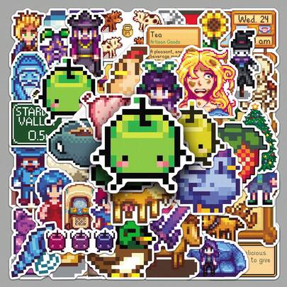 50pcs Stardew Valley Cartoon Doodle Stickers, Cute Pixel Game Creative Decorative Stickers For Water Bottles, Phone Cases, Scrapbooking