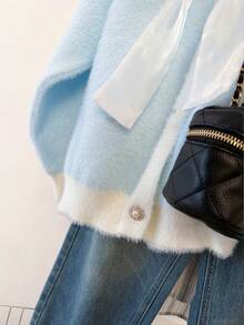 A Foreign Ribbon Neck Cardigan - Blue - View 7