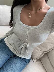 Sunshine Girl Style Christmas Autumn Outfit, Y2K Pure Desire Aesthetic, Waist Bow Design Long Sleeve Knit Sweater Top - Grey - View 7