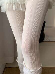 1pc Women's Casual Versatile White Textured Leggings, High Stretch, Retro Pattern Tights, Suitable For Spring And Autumn - White - View 6