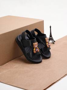 1双儿童流行卡通魔术贴软底防滑凉鞋，时尚男女童款 - 黑色 - 查看 6