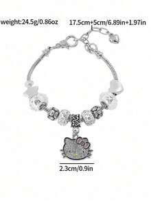 2 Pieces Set, Necklace+Bracelet Set, Cute Cartoon Themed Jewelry Set For Hello Kitty, Zinc Alloy Bracelet Set With Sparkling Crystals, Fashionable Accessory, Including Necklace And Bracelet, Suitable For Daily Wear And Gift Giving, Perfect For Valentine's Day