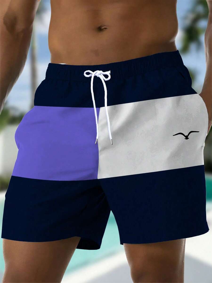 Men's Summer Printed Pattern Drawstring Waist Slant Pocket Hawaiian Quick-Dry Double-Layer Mesh Lining Shorts, Seagull Contrast Color 3D Print, Fashionable Casual Beach Resort Swim Trunks