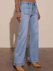 Women's Mid-Rise Elastic Waist Flare Leg Vintage Style Straight Jeans