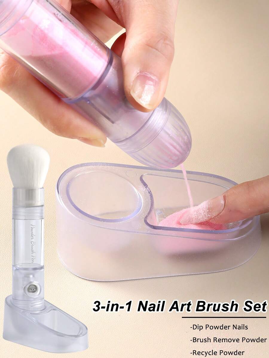 1pc 3-In-1 Nail Powder Dipping Brush Set With Transparent Storage Box And Powder Brush For Dipping Powder, DIY French Manicures, Recycling Nail Powder, Professional Nail Tools, Nail Salon Supplies - Clear - View 1