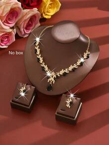 奢华婚礼派对女士礼服水钻装饰珠宝时尚闪亮项链耳环套装，舞会礼服珠宝配饰 - 黑色 - 查看 2