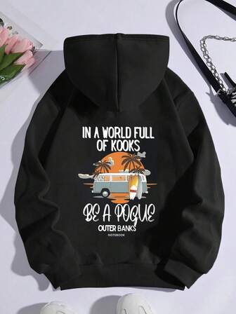 大码女式度假西海岸字母图案印花连帽衫，适合圣诞节、新年、节日、日常穿着、外出、海滩、派对、学校、参加音乐节、度假通勤。