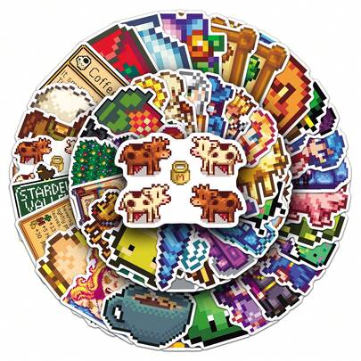 50pcs Stardew Valley Cartoon Doodle Stickers, Cute Pixel Game Creative Decorative Stickers For Water Bottles, Phone Cases, Scrapbooking