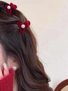 2pcs Bow Pearl Hair Clips Women Hair Claw Hair Clutch Winter Hair Accessories - Burgundy - View 3