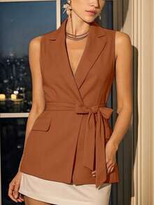 MICHELEE Sleeveless Tailored Vest With Adjustable Belt - Brown - View 3