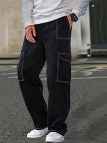 1 条 Tween 男童复古休闲简约前口袋牛仔效果工装裤，适合春/夏/秋/冬 - 黑色 - 查看 2