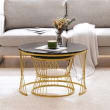 Modern Coffee Table Set, Highlighted Coffee Table Set, Marble Veneer Sofa Side Table, Round Side Table, Double Set, Gold Frame - Black - View 1