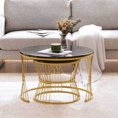Modern Coffee Table Set, Highlighted Coffee Table Set, Marble Veneer Sofa Side Table, Round Side Table, Double Set, Gold Frame