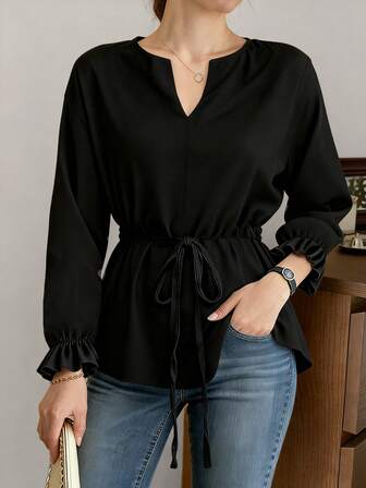 Retro Casual Daily Loose Shirt For Women | New Arrival V-Neck Lace-Up Versatile Slimming Long Sleeve Tunic.