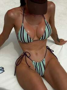 女士比基尼套装，泳装，泳衣，休闲蓝棕条纹系带露背比基尼两件式泳衣，高腰提臀加垫泳装，性感夏季沙滩装，海滩度假装，女士夏季假日沙滩露背装，Y2K辣妹风 - 軍綠色 - 查看 2