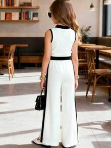 女童无袖上衣和裤子两件套，美式新款夏季轻薄高端优雅背心套装，INS风 - 白色 - 查看 3