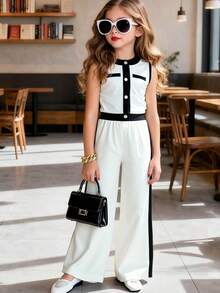 女童无袖上衣和裤子两件套，美式新款夏季轻薄高端优雅背心套装，INS风 - 白色 - 查看 10