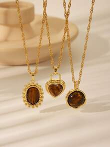 1 件复古棕色宝石不锈钢吊坠项链，椭圆形太阳心形镀金水钻颈链，适合女性日常和节日佩戴或珠宝礼物 - 金色+寶藍色 - 查看 2
